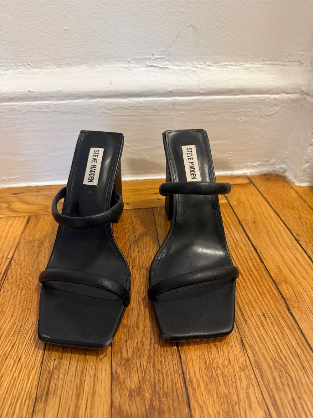 Steve Madden Black Minimalist Double-Strap Square-Toe Heels
